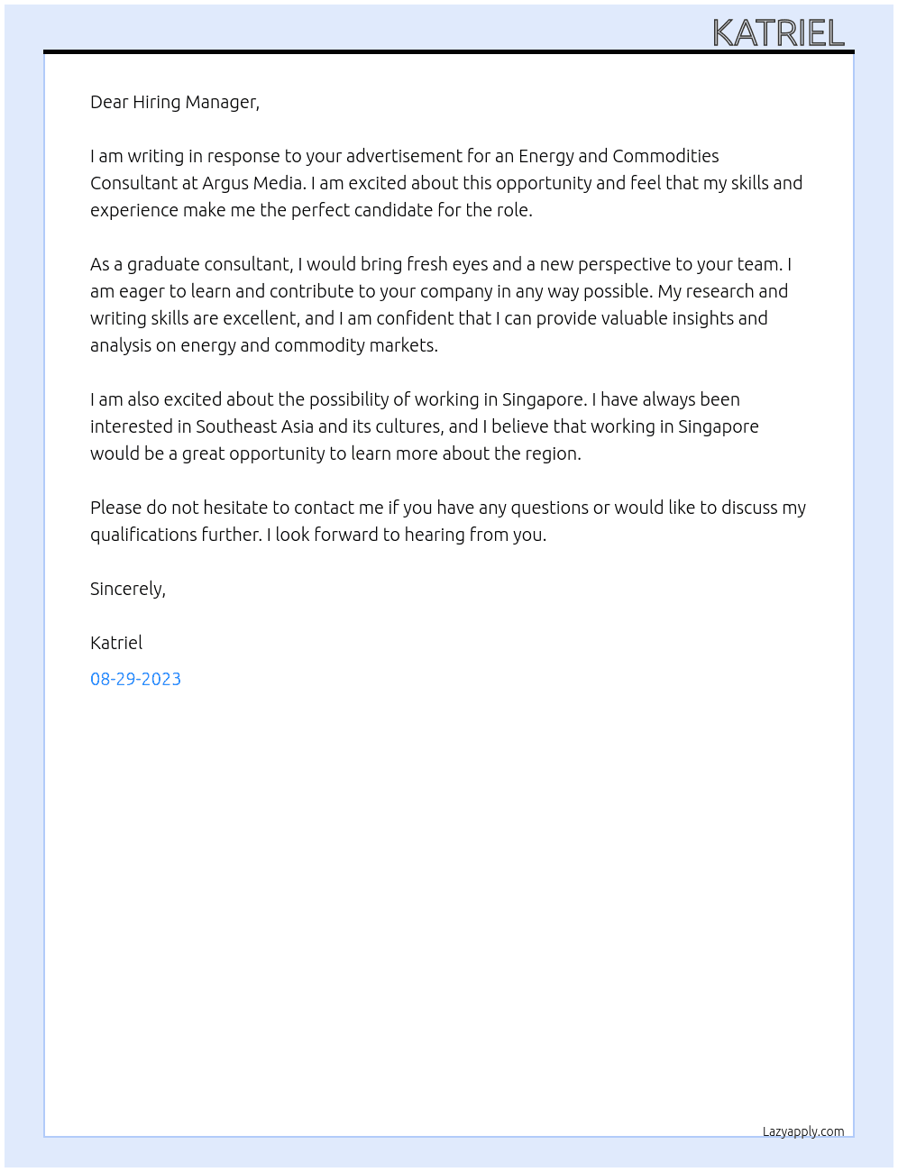 Energy and commodities consultant At Argus Media Cover Letter