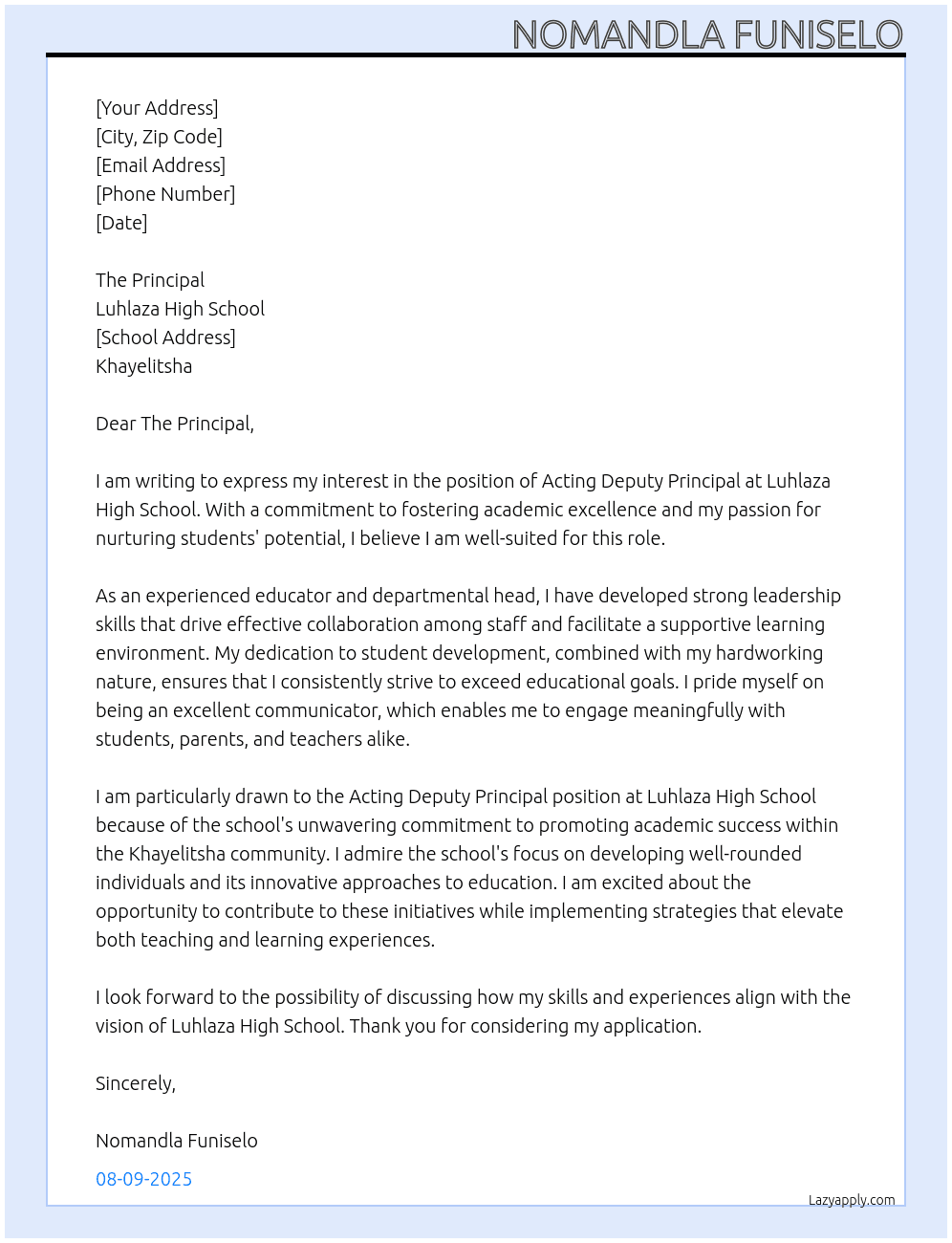 Acing deputy principal At Luhlaza High School Cover Letter