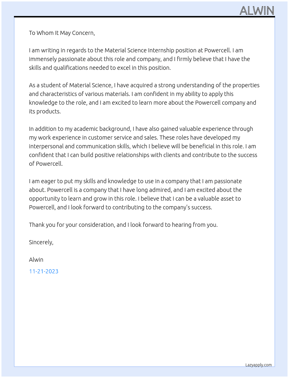 material science  At Powercell Cover Letter