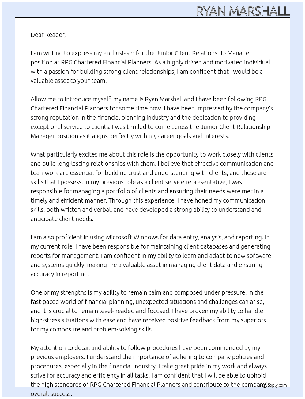 Junior client relationship manager  At RPG Chartered Financial Planners Cover Letter
