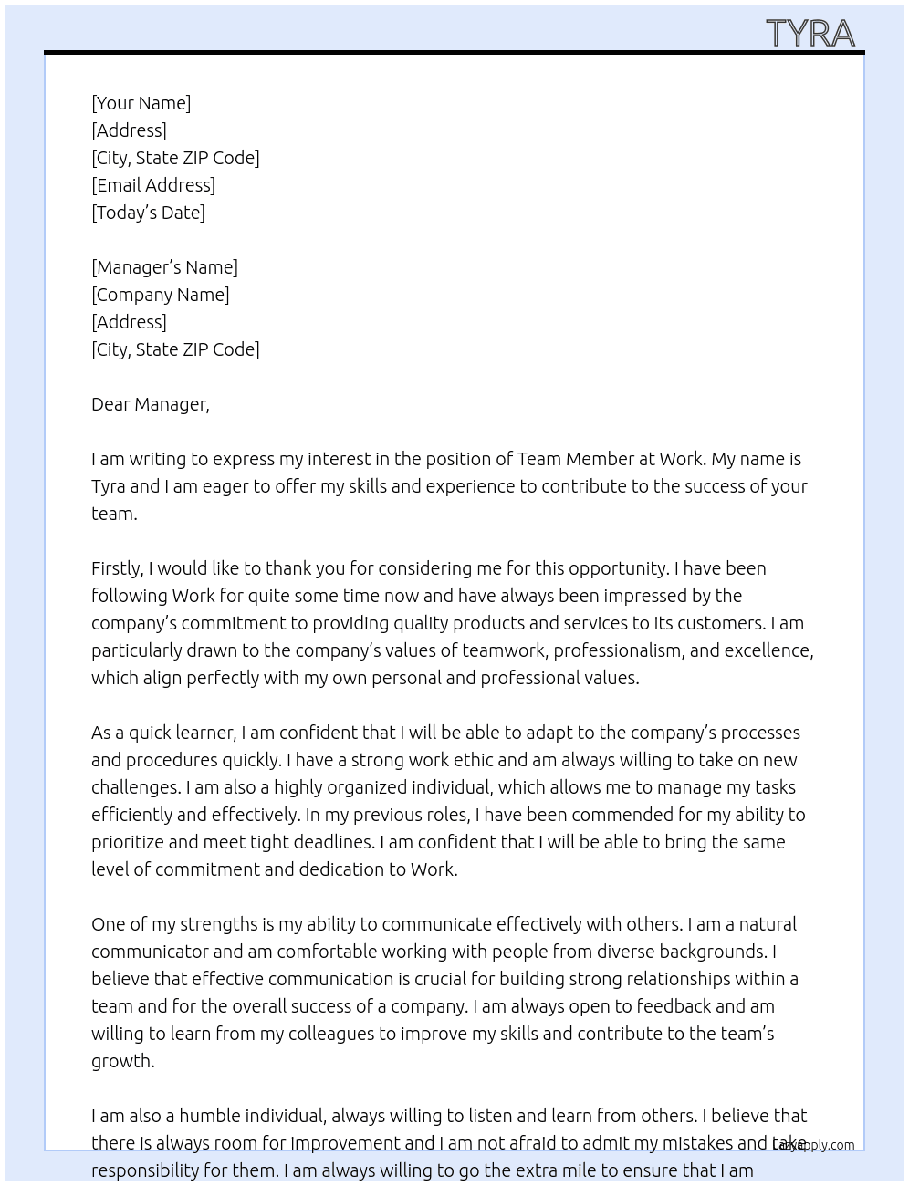 Team members  At work  Cover Letter