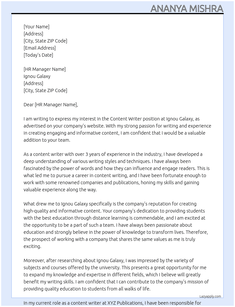 Content writer  At Ignou galaxy Cover Letter