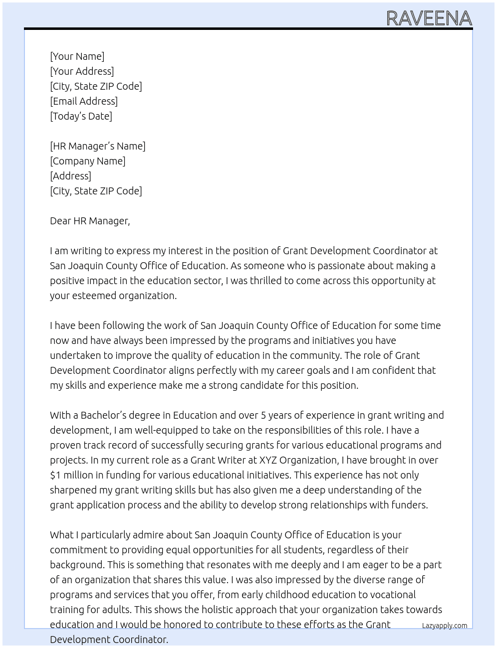 Grant Development Coordinator  At San Joaquin County Office of Education Cover Letter