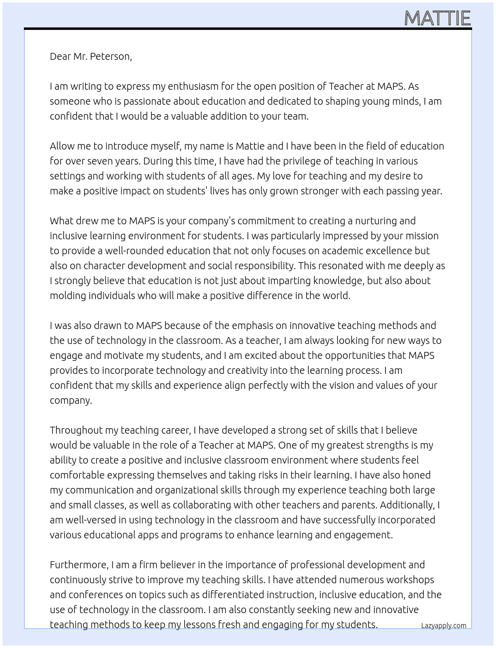 Teacher At MAPS Cover Letter