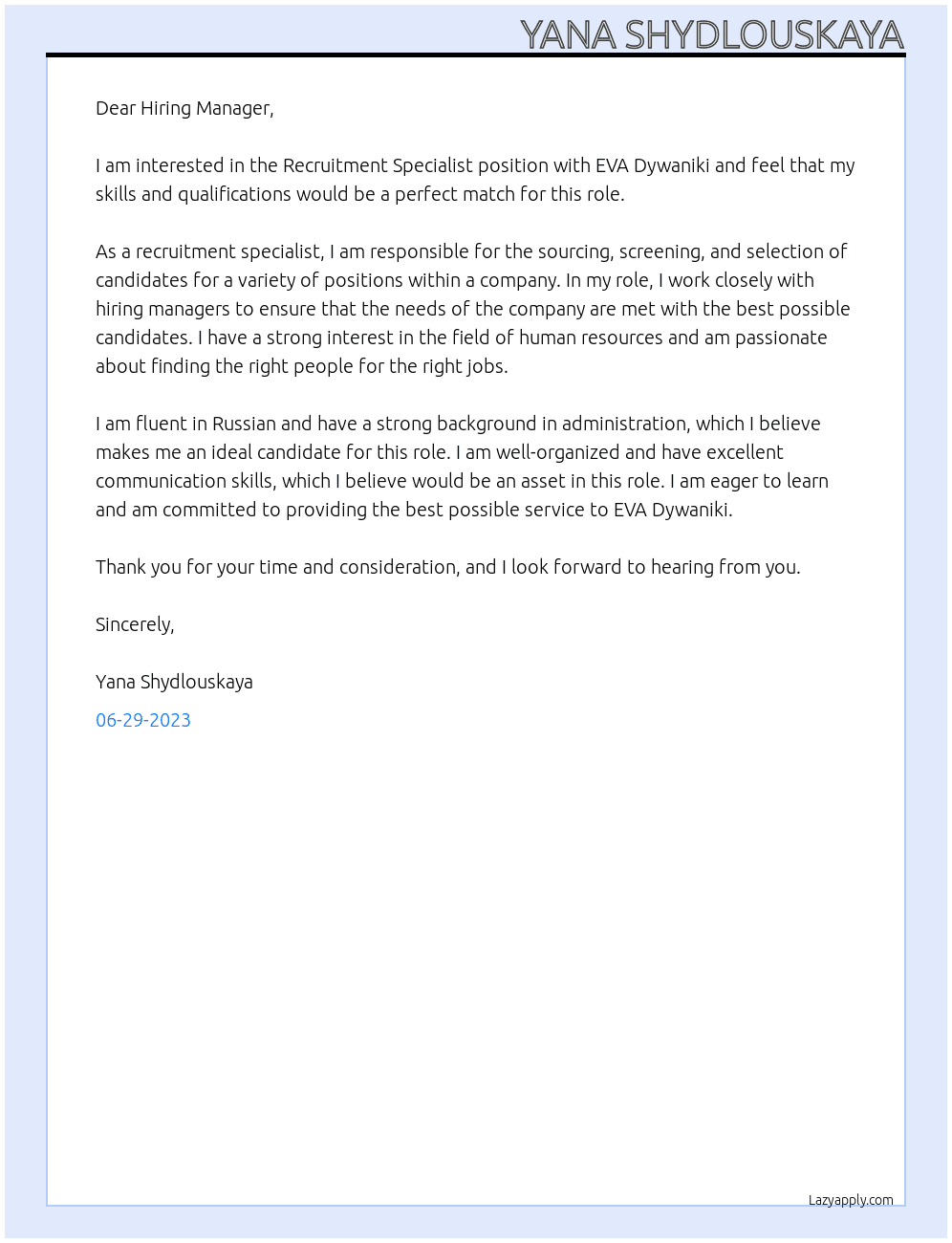 Recruitment Specialist At EVA Dywaniki Cover Letter