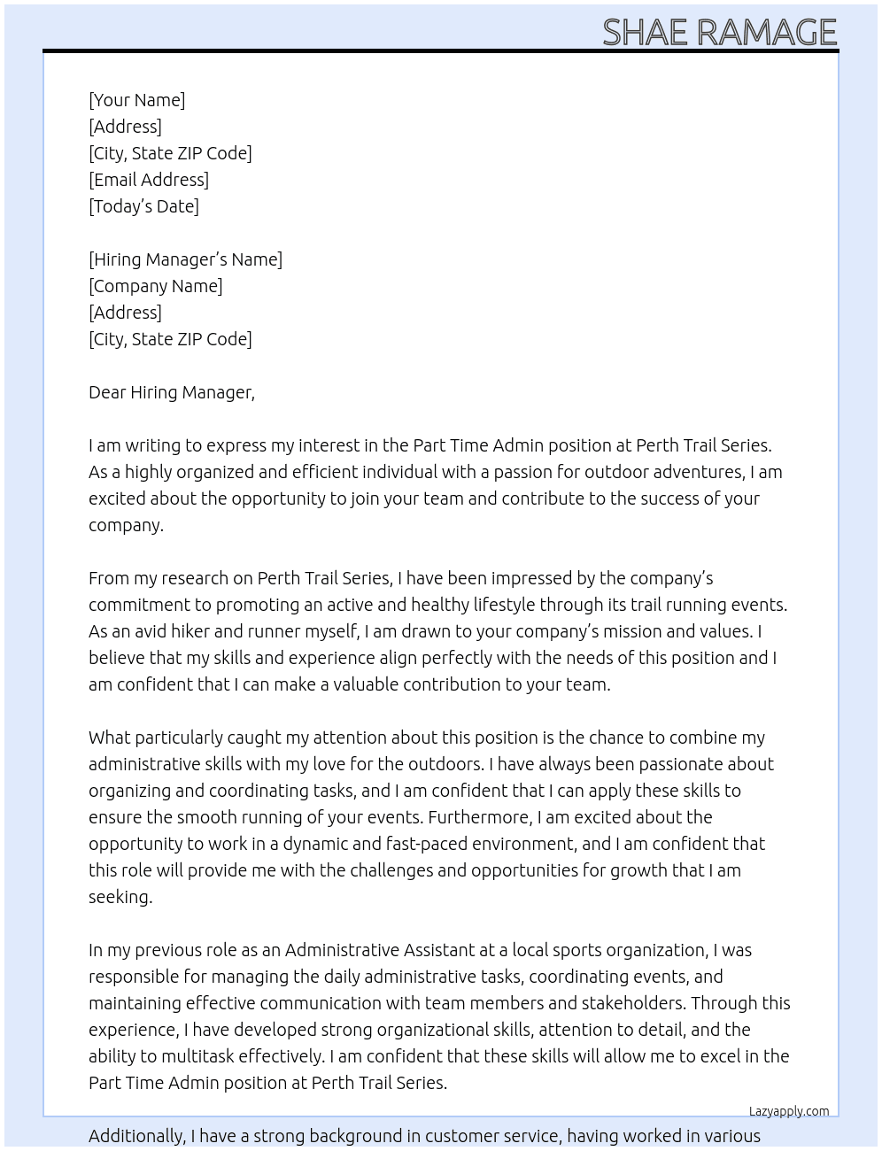 Part Time Admin At Perth Trail Series Cover Letter