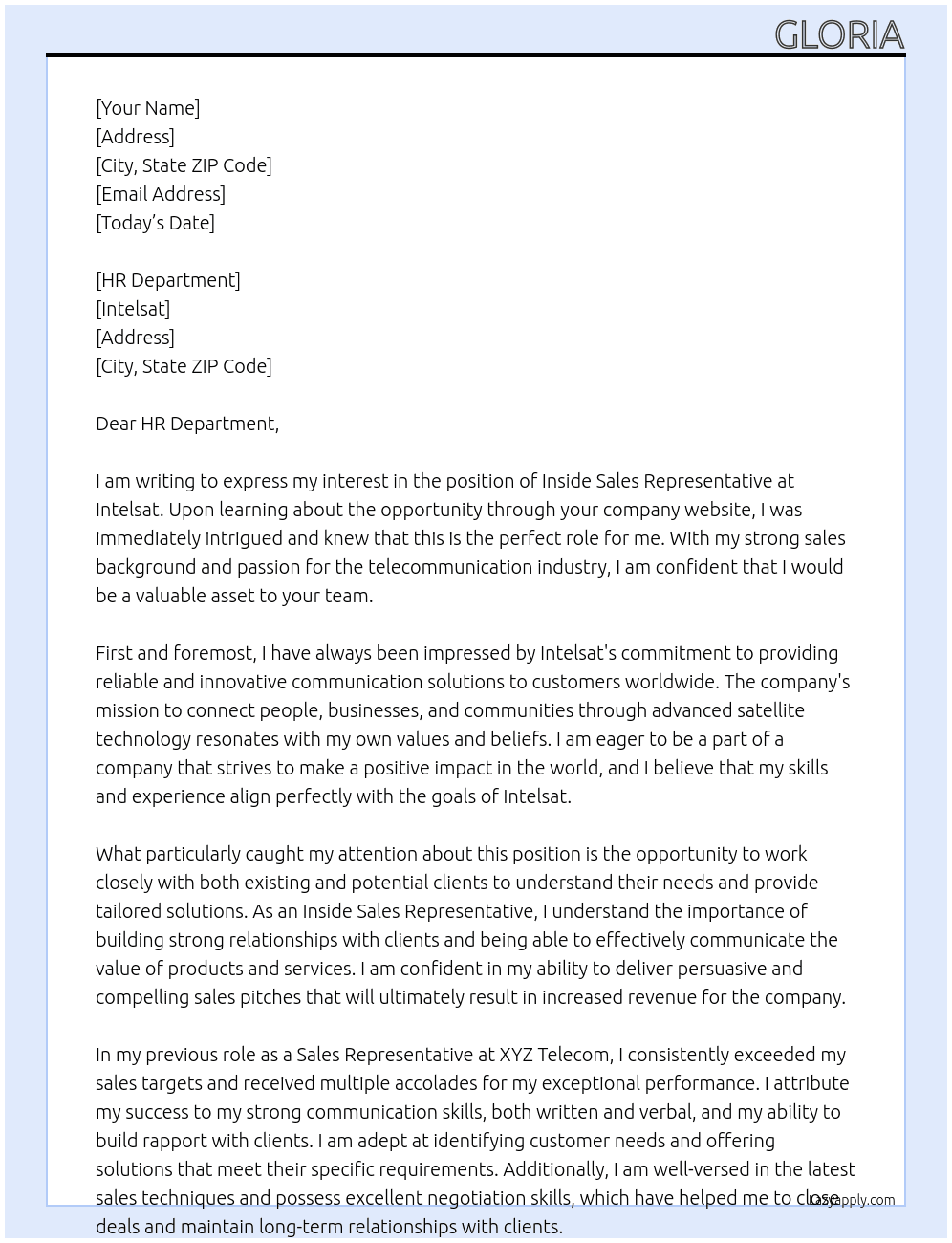 INSIDE SALES REPRESENTATIVE At INTELSAT Cover Letter