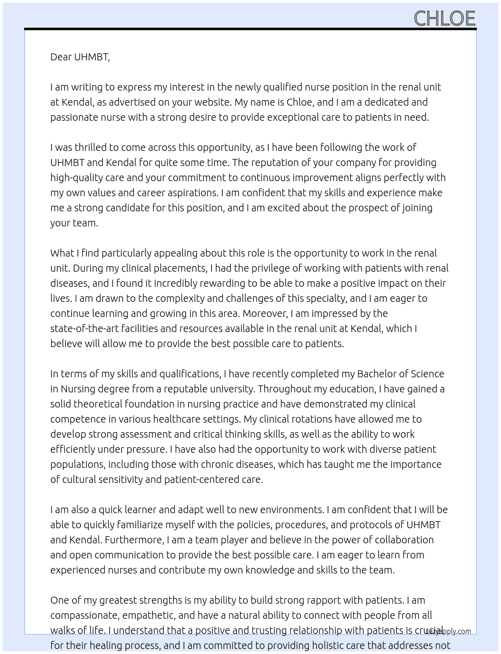 Newly qualified nurse - renal unit At Kendal Cover Letter