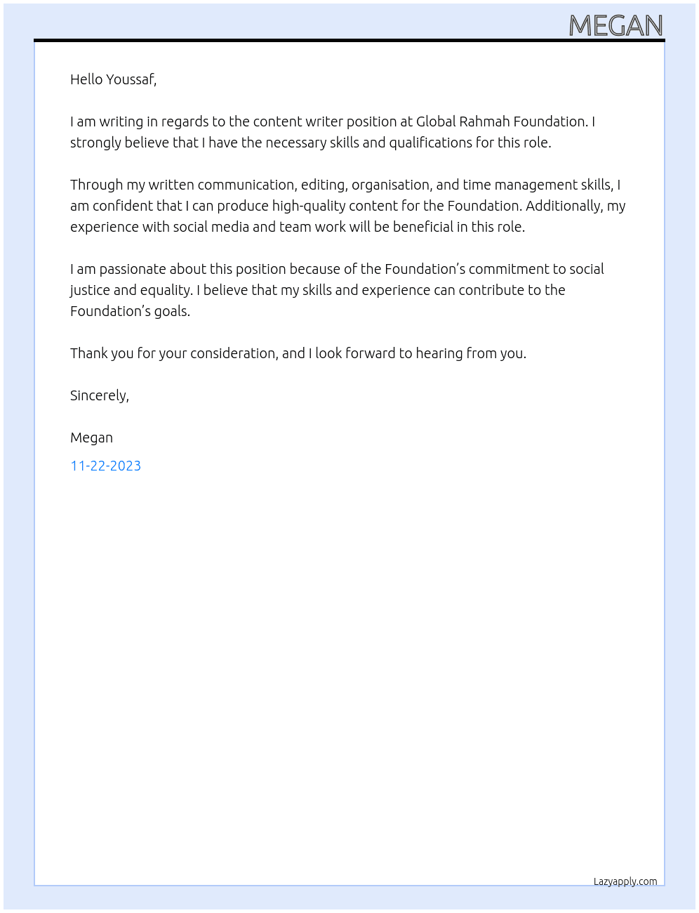 Content writer At Global Rahmah Foundation Cover Letter