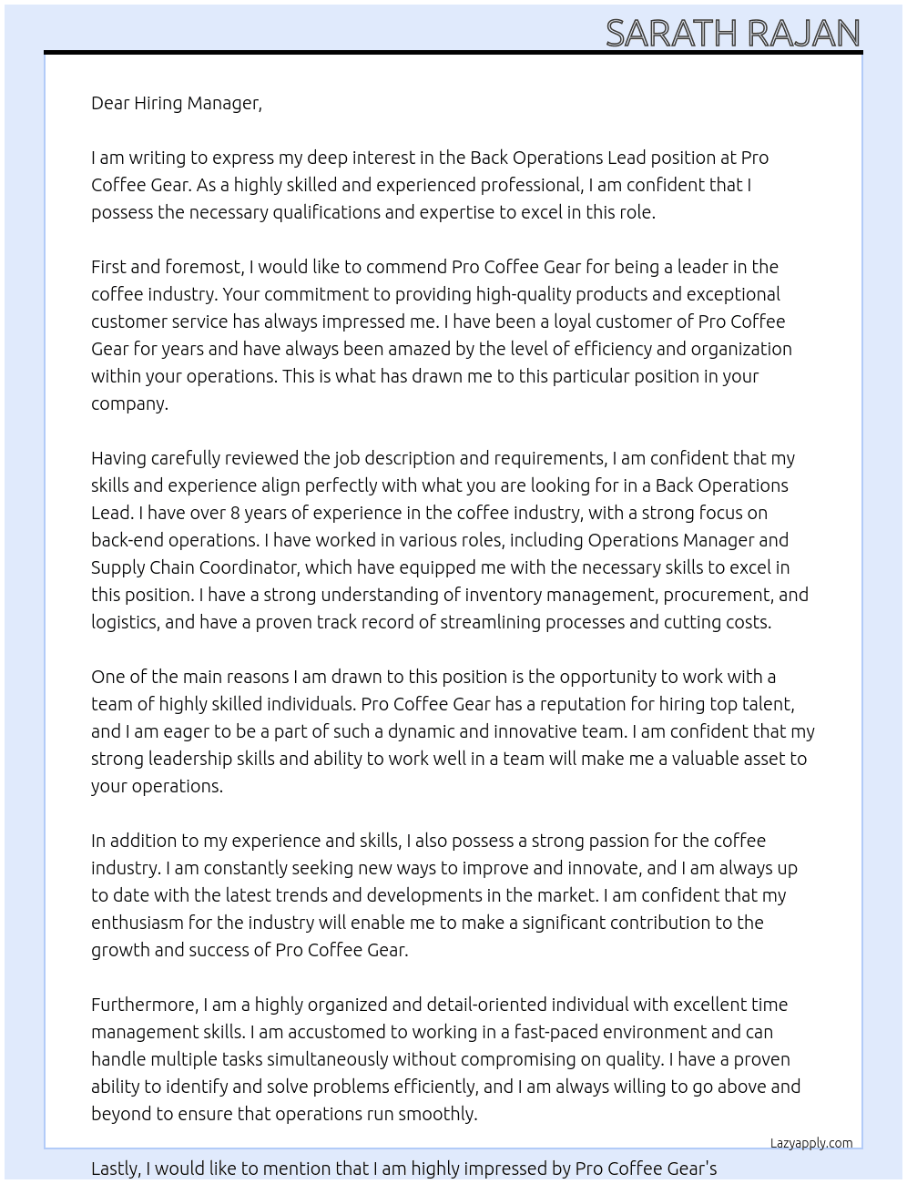 Cover letter for back operations lead - LazyApply