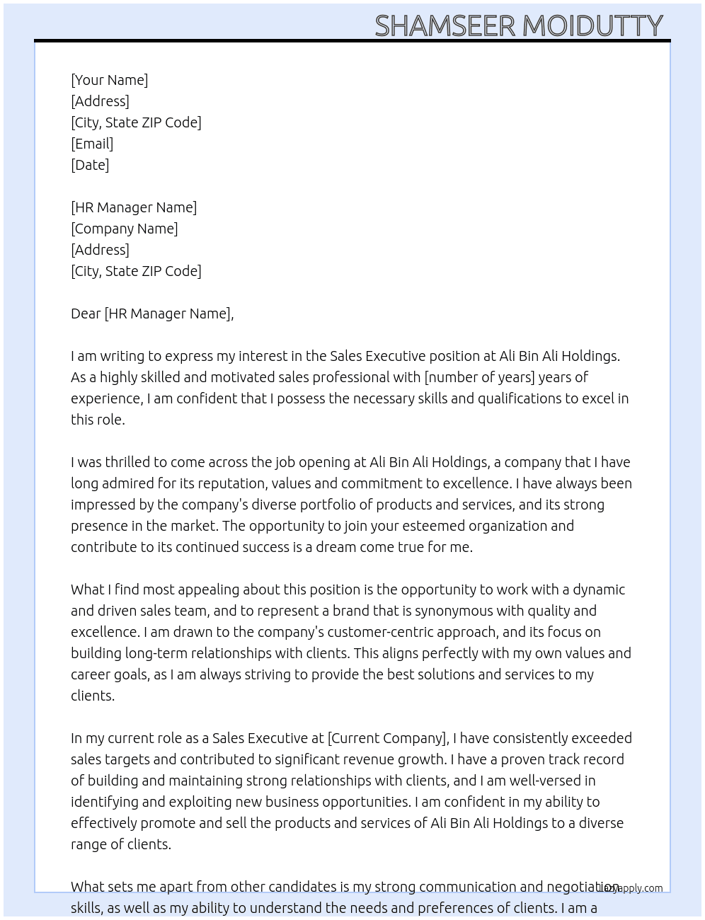 Sales Executive  At Ali Bin Ali Holdings  Cover Letter