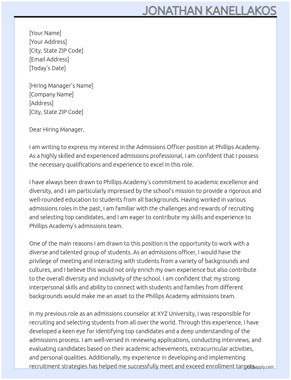 Admissions Officer At Phillips Academy Cover Letter