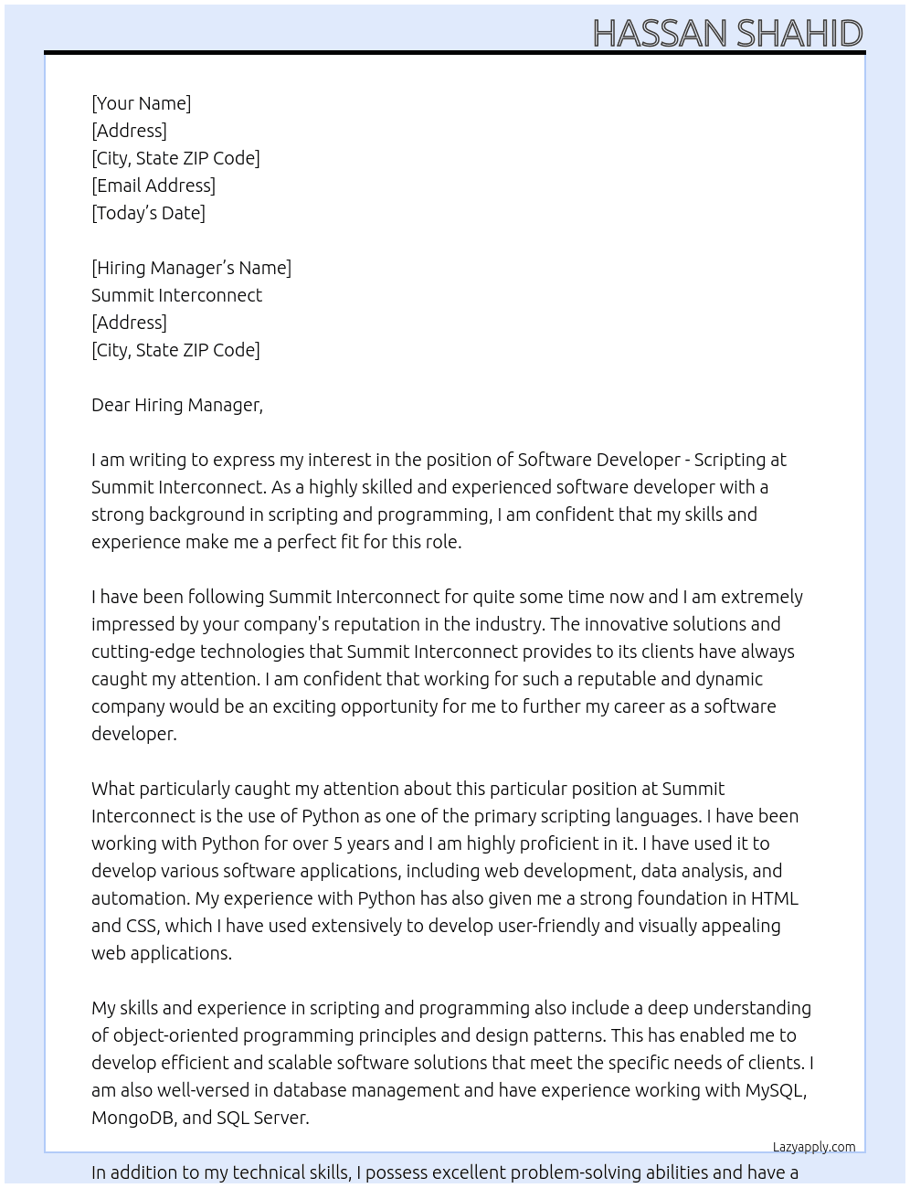 Software Developer - Scripting At Summit Interconnect Cover Letter