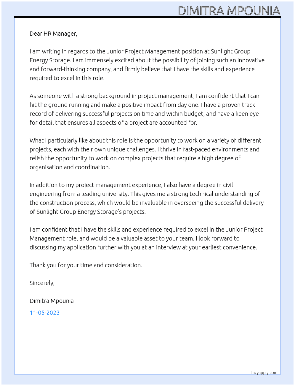 JUNIOR PROJECT MANAGEMENT At Sunlight group energy storage Cover Letter