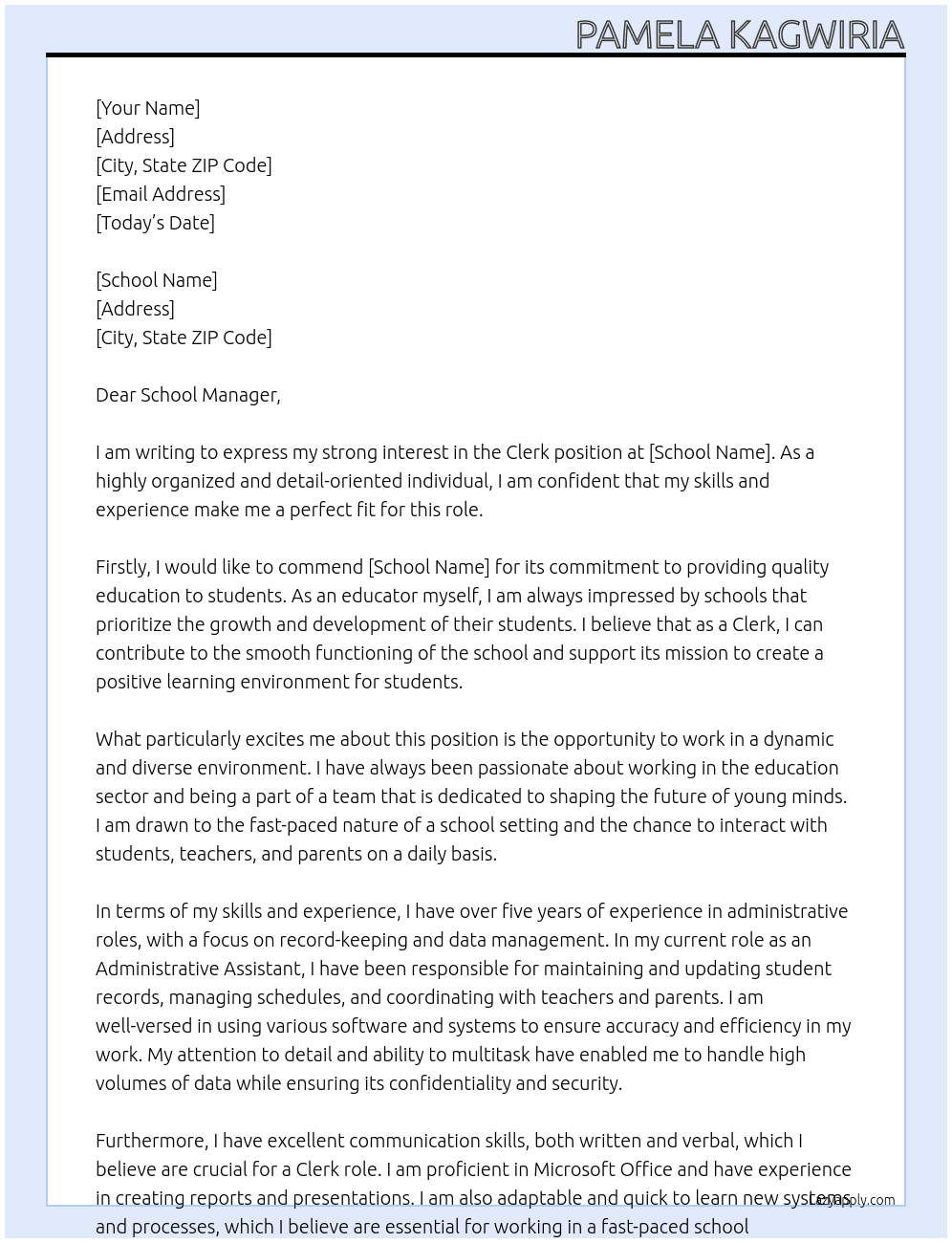Clerk At School Cover Letter