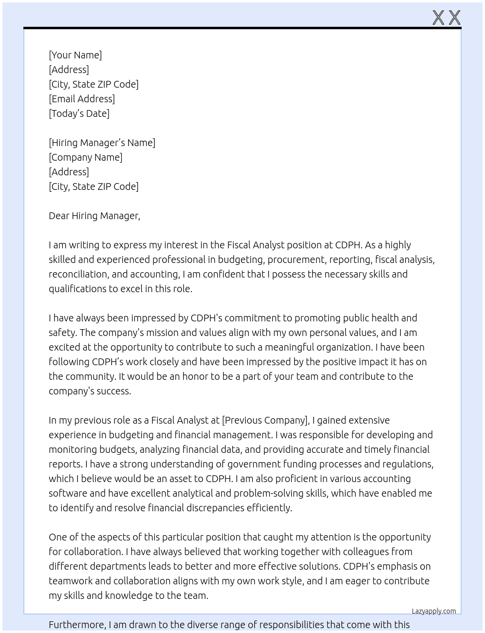 Fiscal Analyst At CDPH Cover Letter
