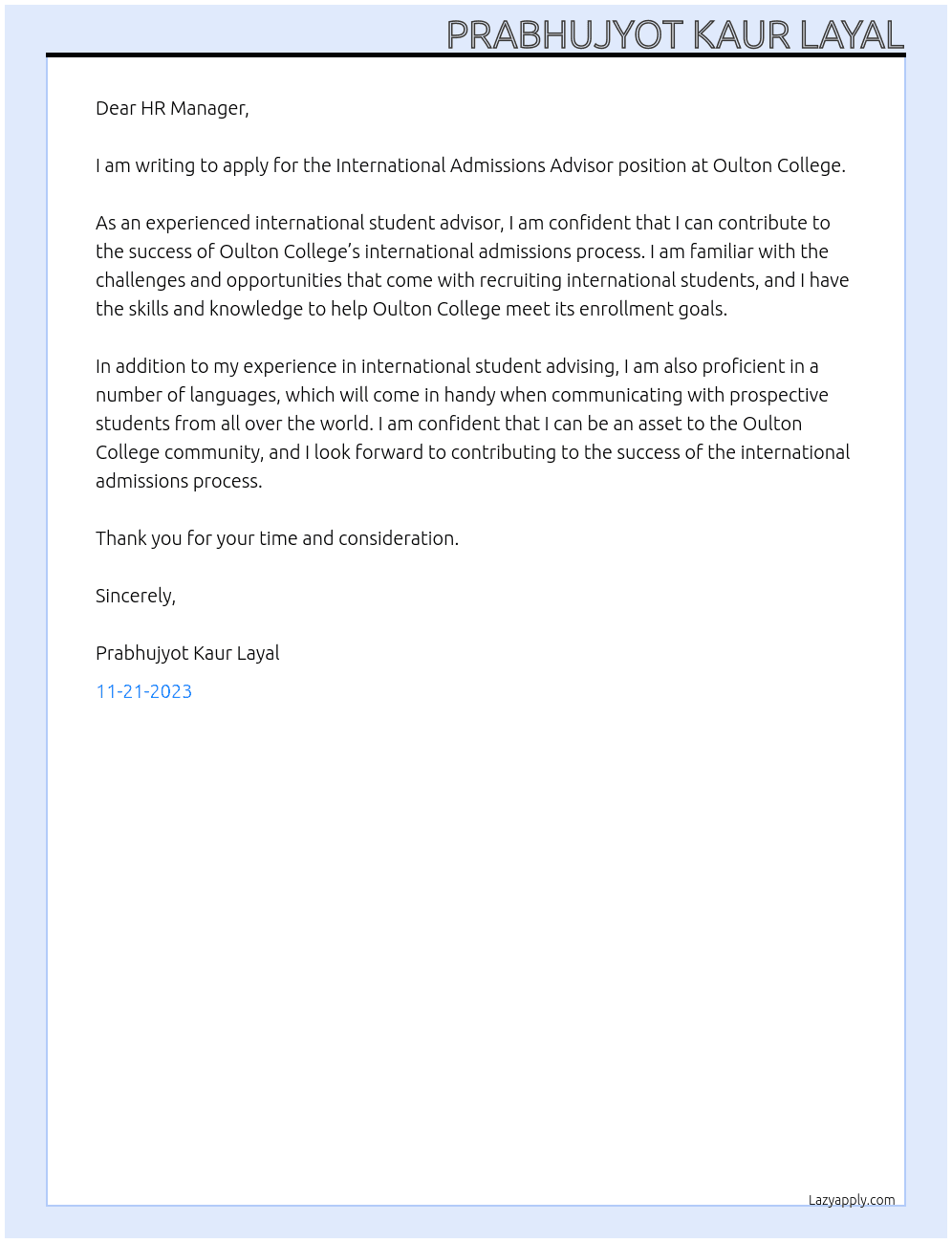 International Admissions Advisor At Oulton College Cover Letter
