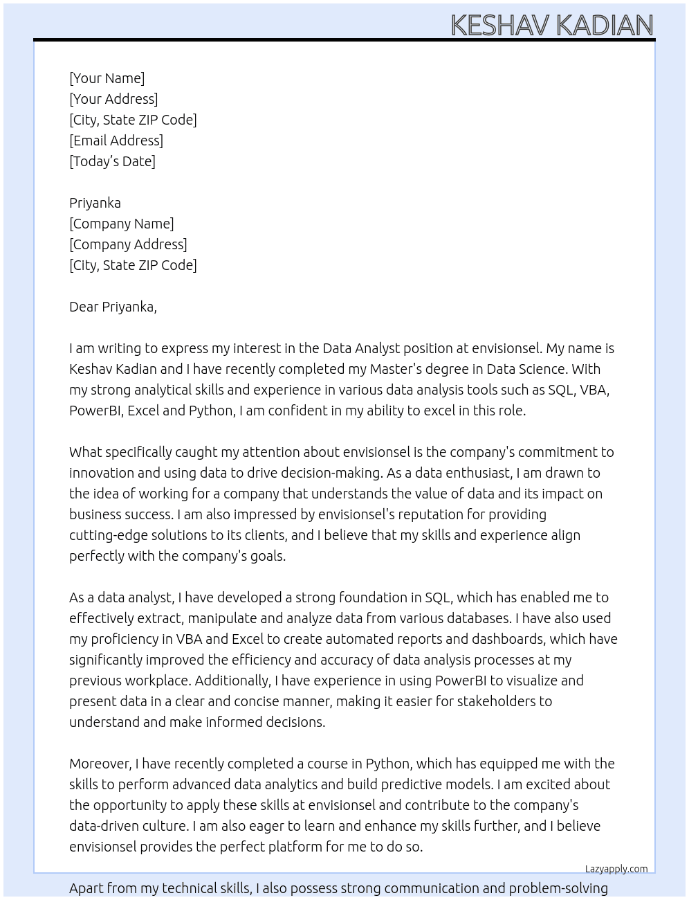 Data Analyst At envisionsel Cover Letter