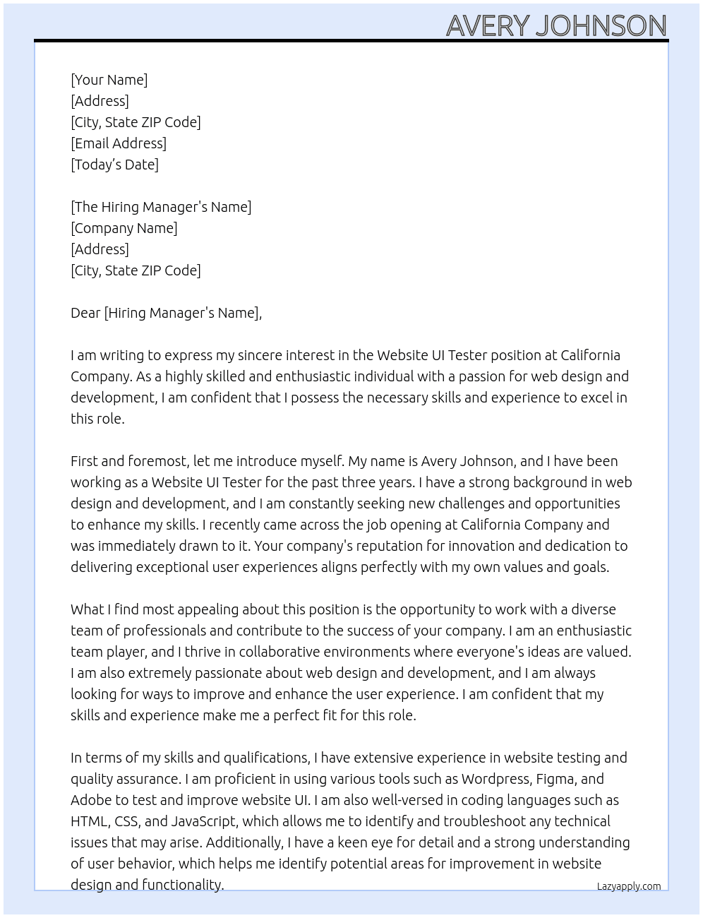 Website UI Tester At California Company Cover Letter