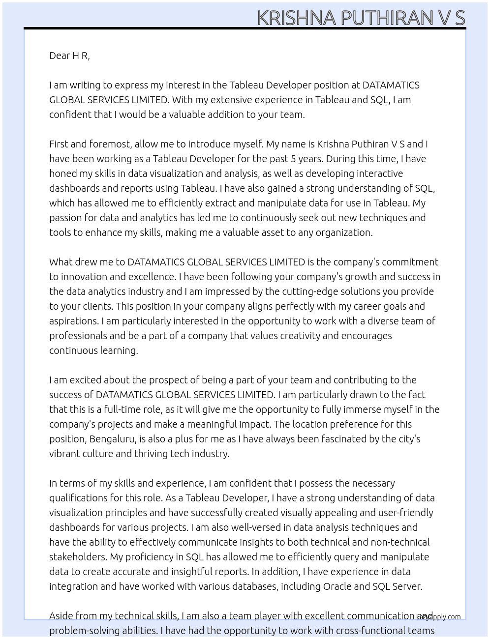 Tableau developer At  DATAMATICS GLOBAL SERVICES LIMITED Cover Letter