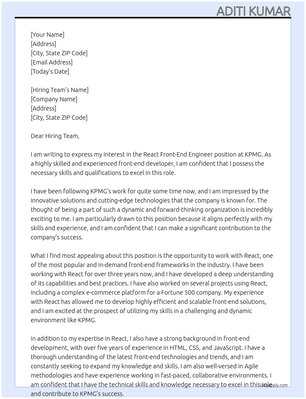 Cover letter for react front-end engineer - LazyApply