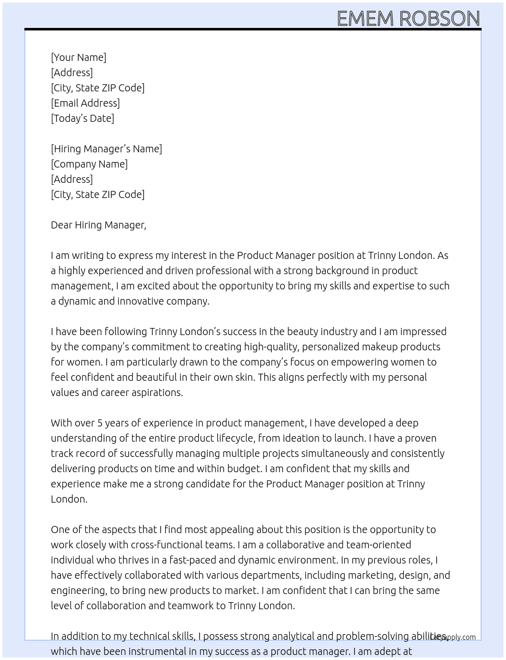 Product Manager At Trinny London Cover Letter