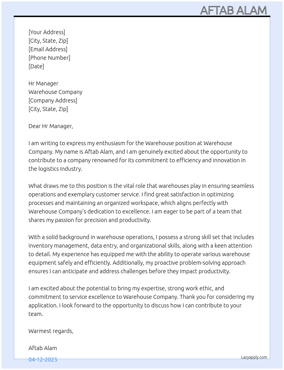Warehouse  At Warehouse company  Cover Letter
