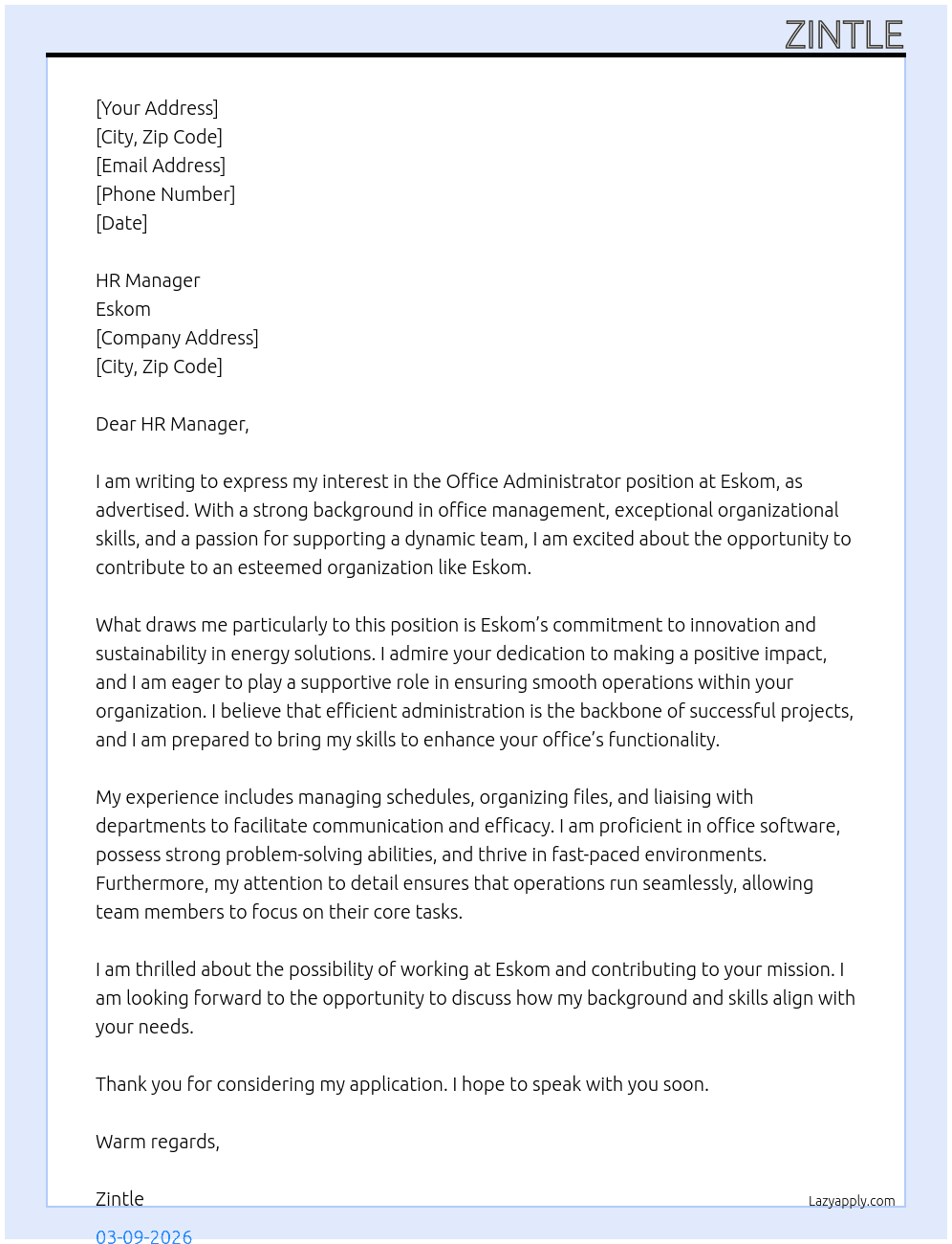 OFFIVE ADIMINISTRATOR At ESKOM Cover Letter
