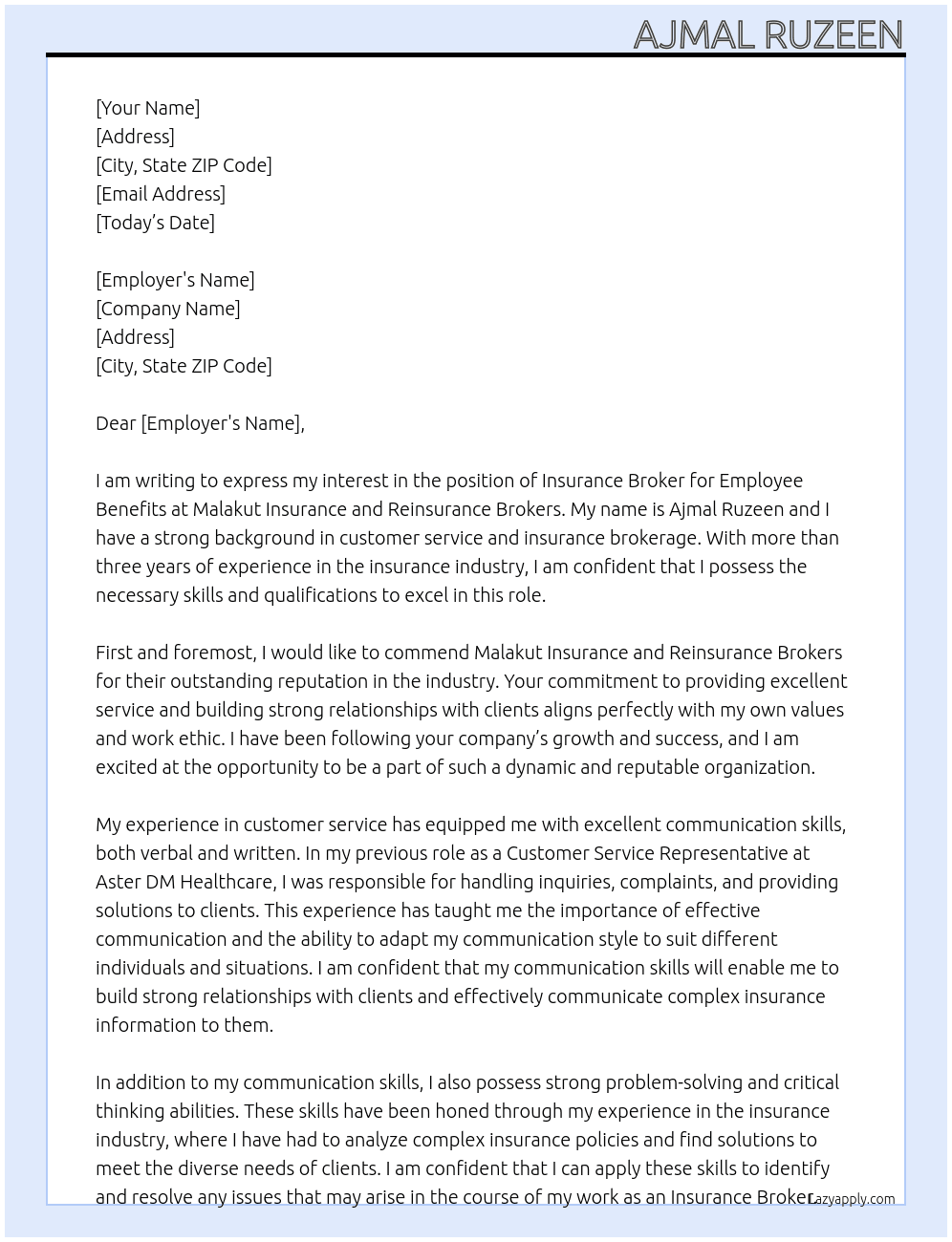 INSURANCE BROKER- EMPLOYEE BENEFITS  At Malakut insurance and reinsurance brokers Cover Letter