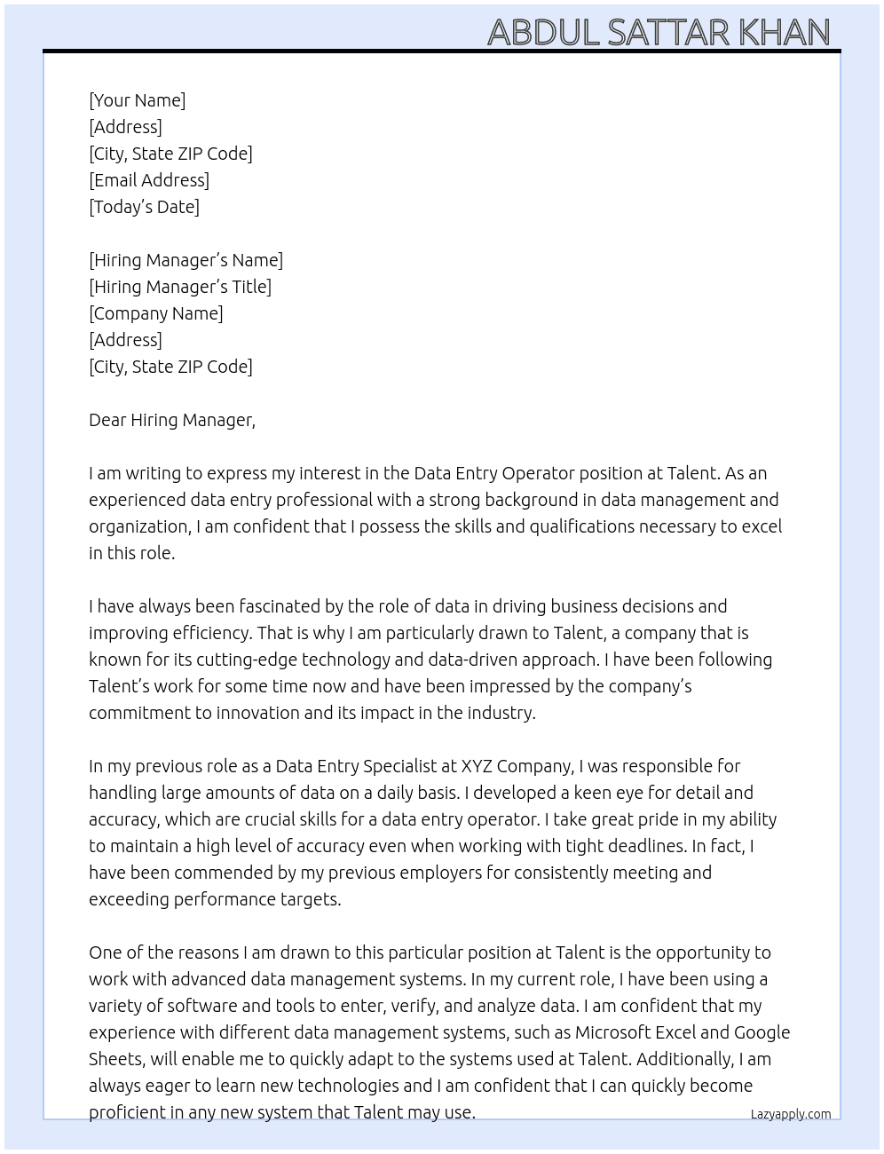 Data Entry Operator  At Talent Cover Letter