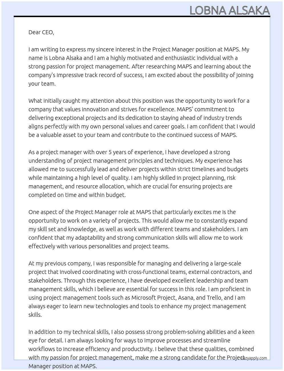 Project Manager At MAPS Cover Letter