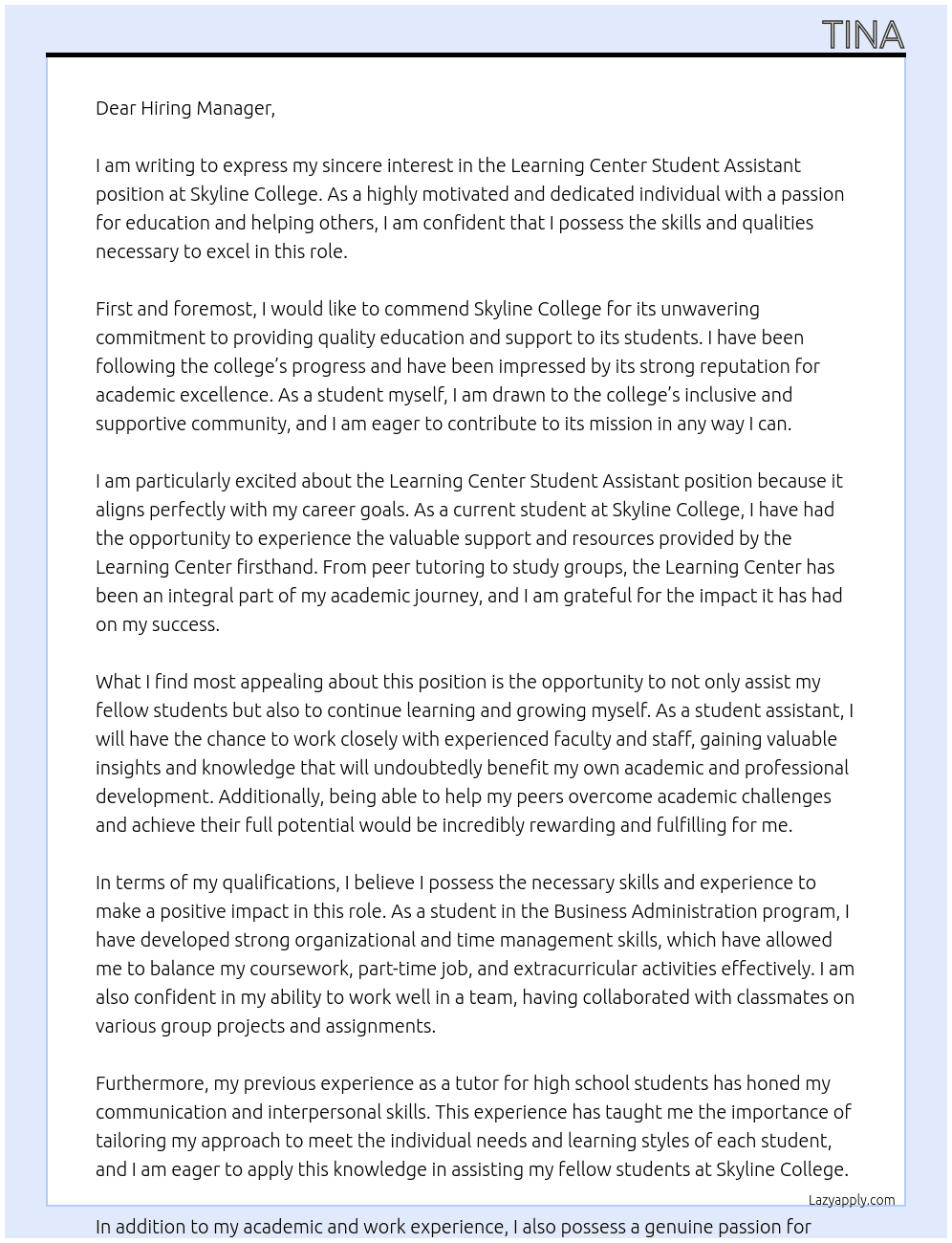 Learning center student assistant At Skyline College Cover Letter