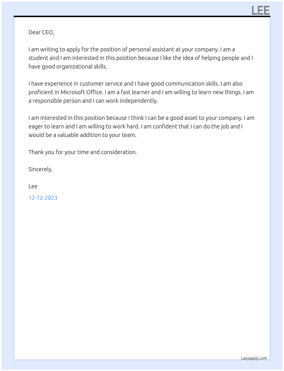 Student  At Personal assistant  Cover Letter