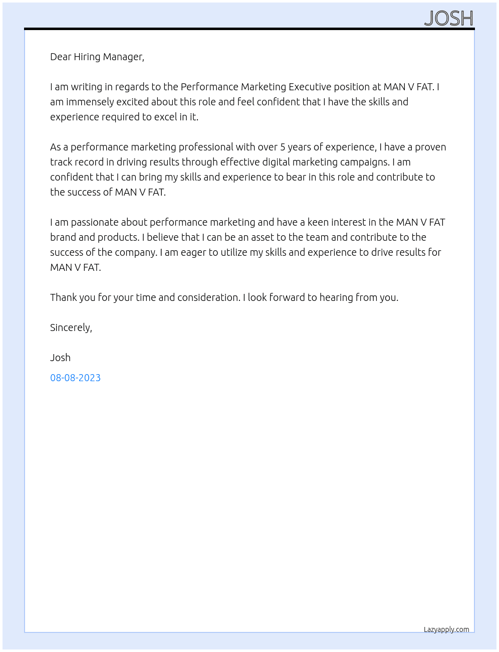 Performance Marketing Executive At MAN V FAT Cover Letter