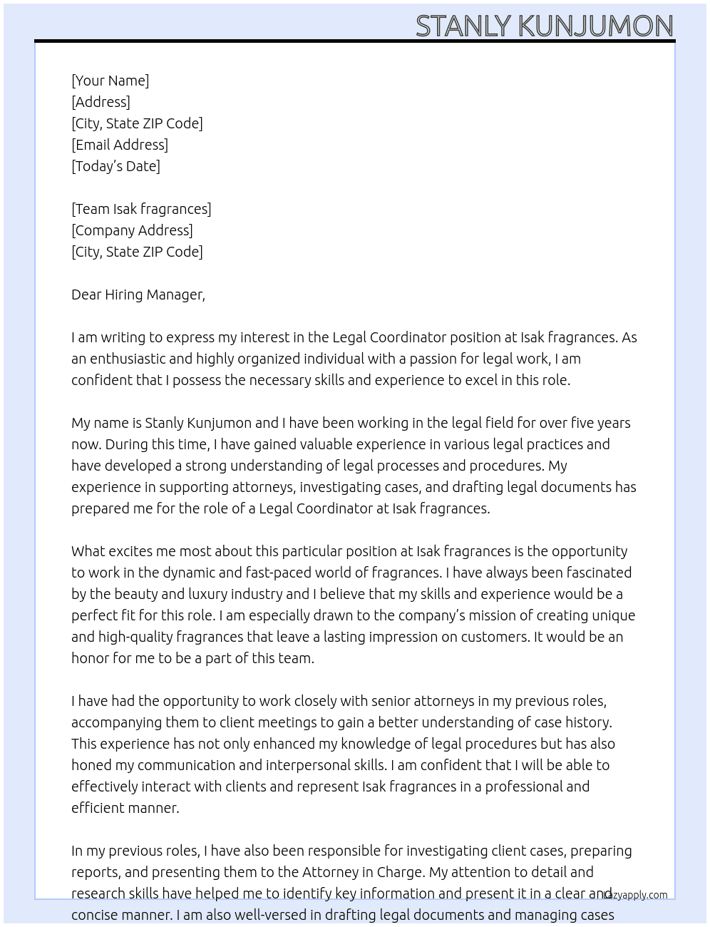 Legal Coordinator At Isak fragrances Cover Letter