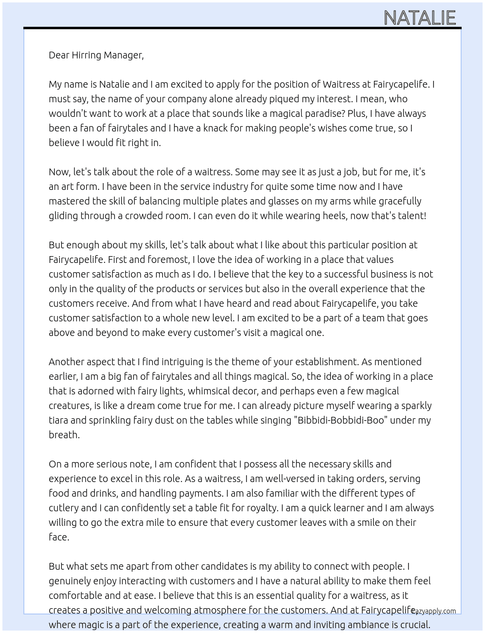 Waitress  At Fairycapelife Cover Letter