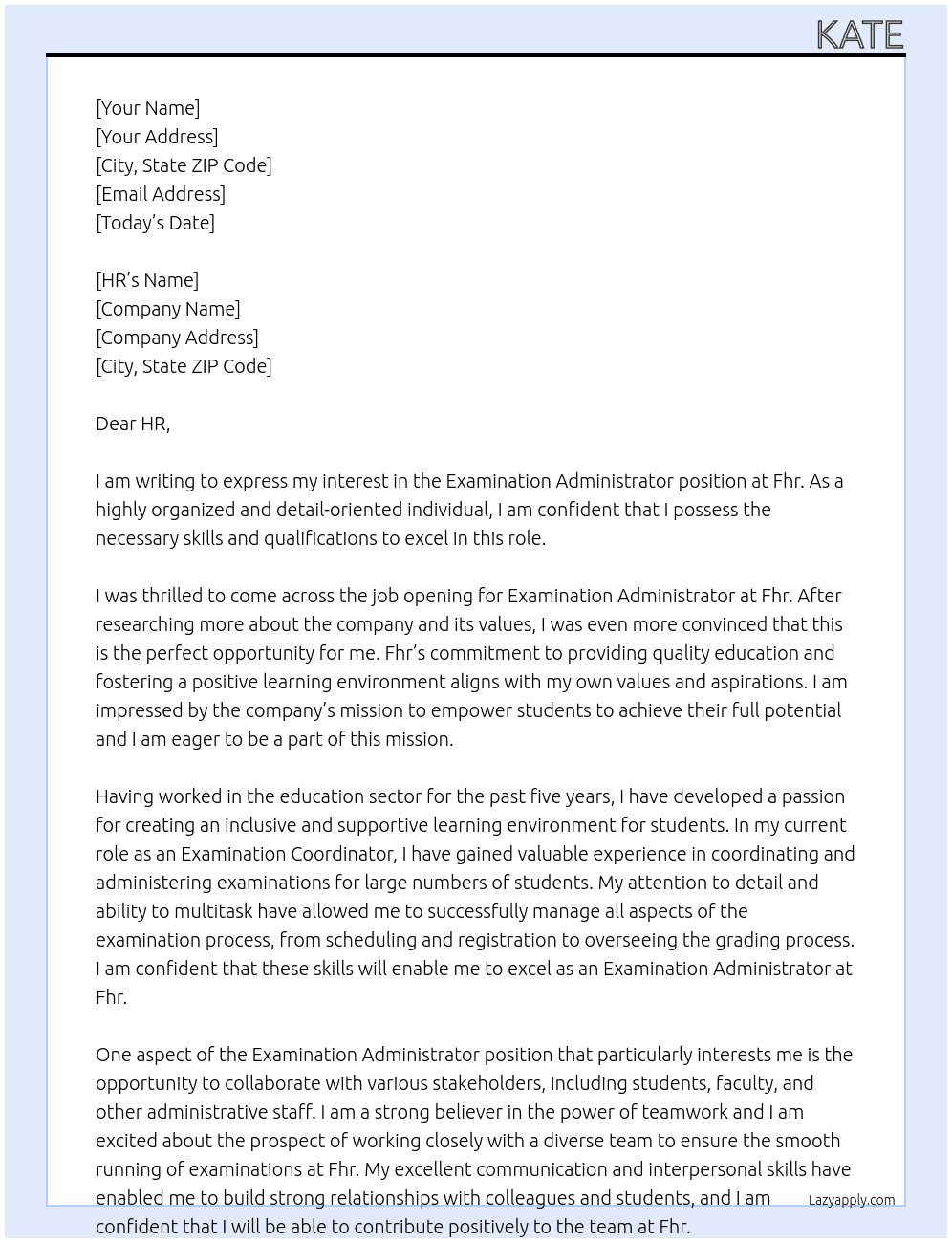 Examination Administrator  At Fhr Cover Letter