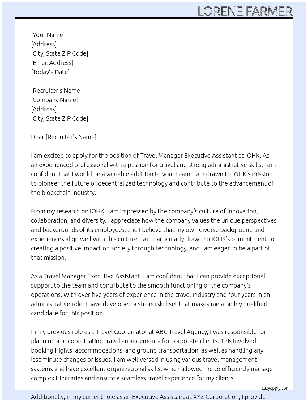 Travel Manager Executive Assistant At IOHK Cover Letter