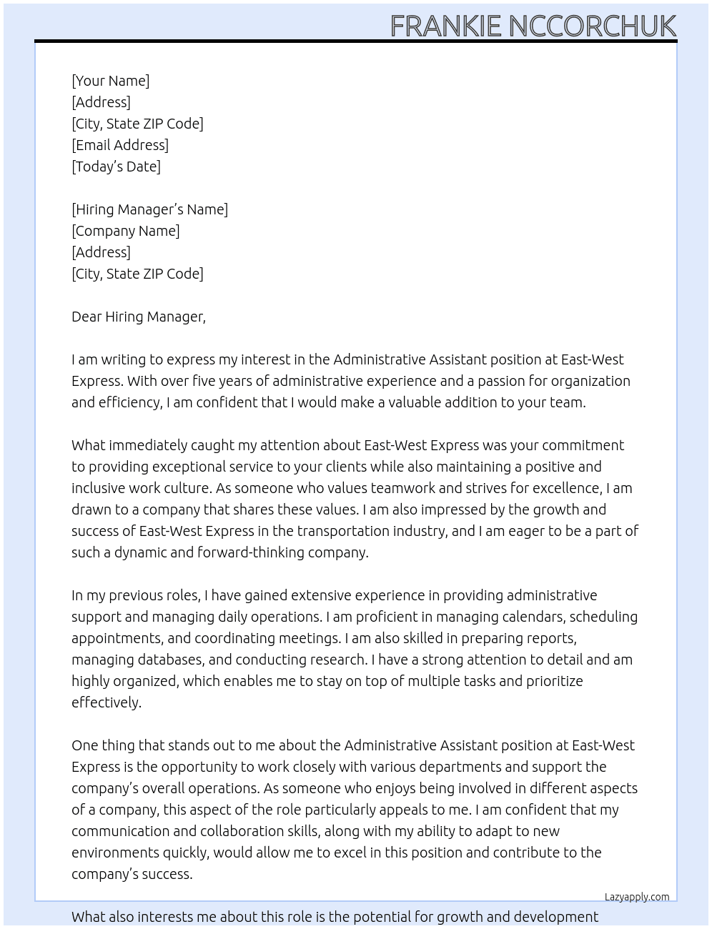 Administrative Assistant At East-West Express Cover Letter