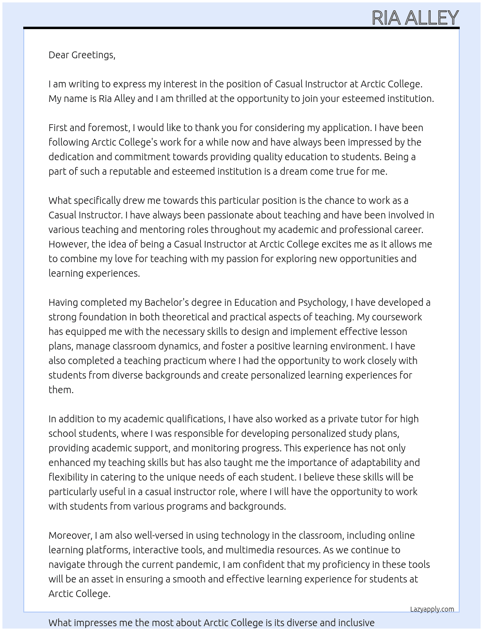 Casual Instructor At Arctic College Cover Letter