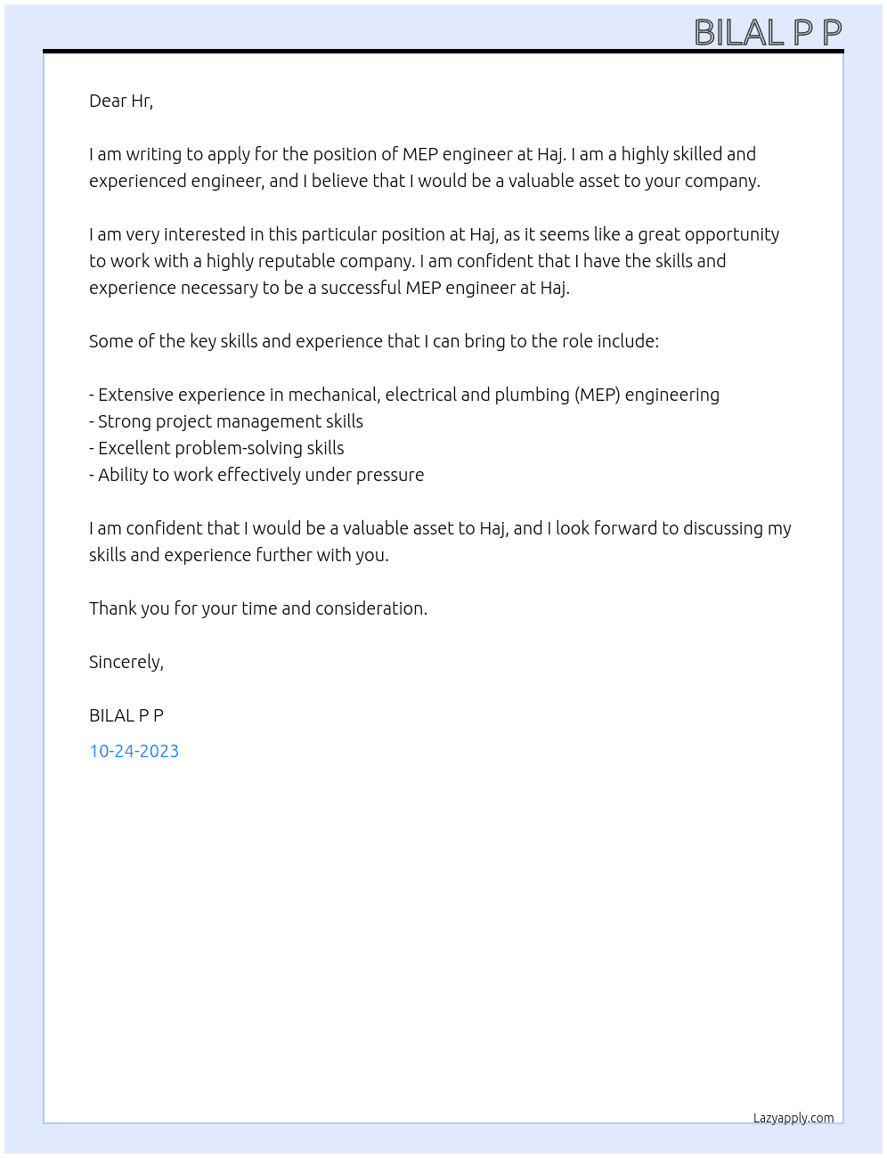Mep engineer  At Haj Cover Letter