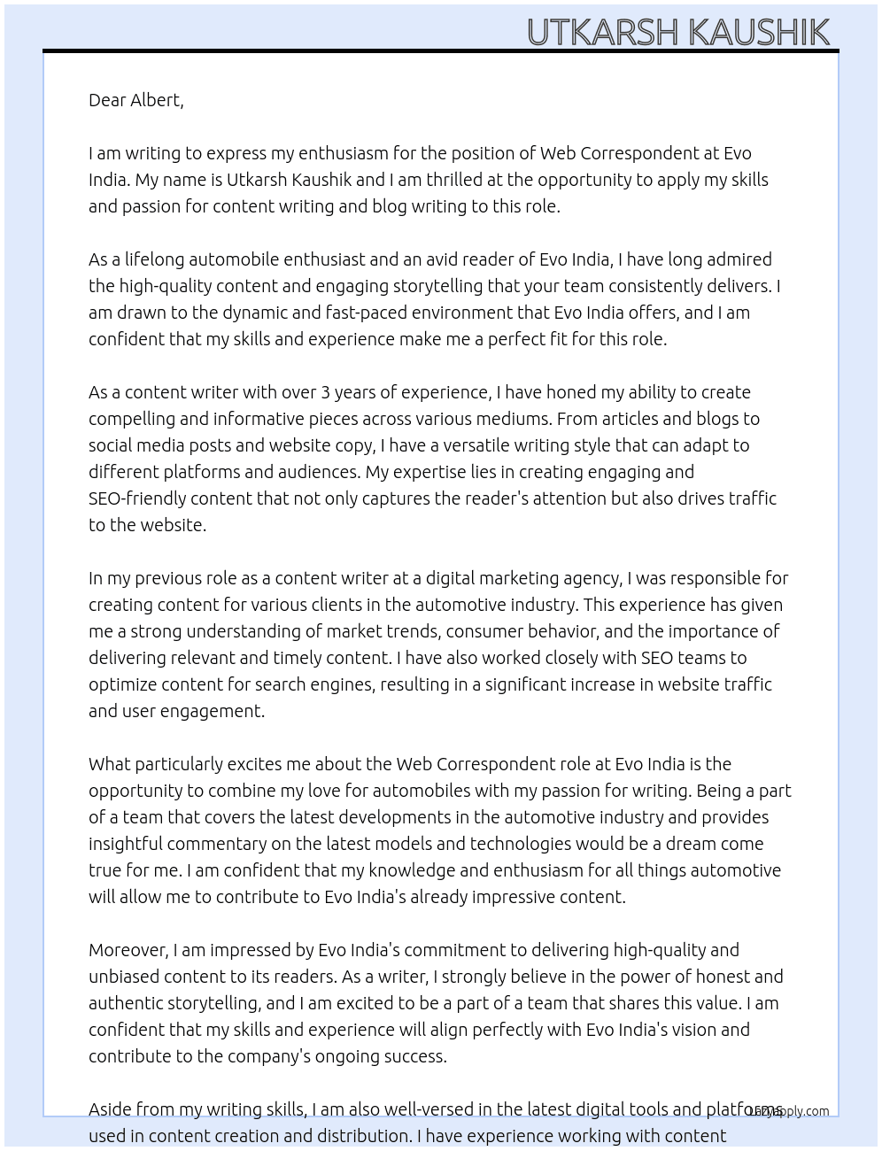 Web correspondent  At Evo India  Cover Letter