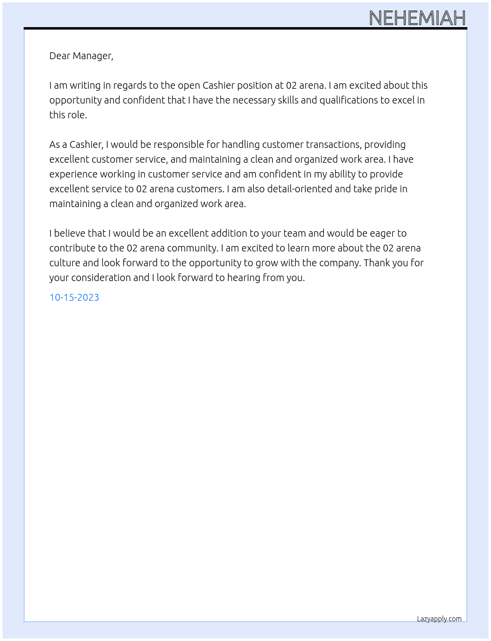 Cashier At 02 arena Cover Letter
