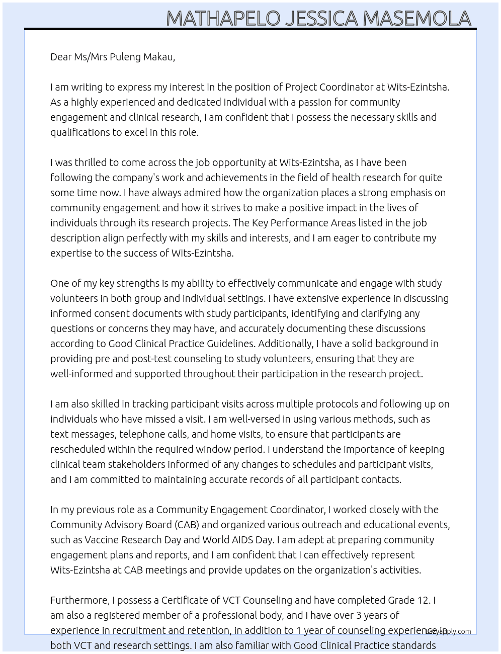 Project Coordinator At Wits-Ezintsha Cover Letter