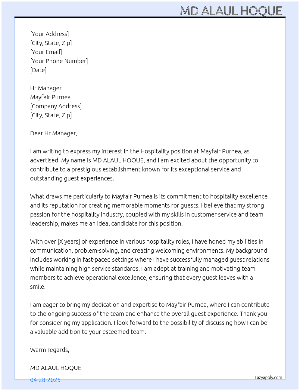 Hospitality  At Mayfair purnea  Cover Letter