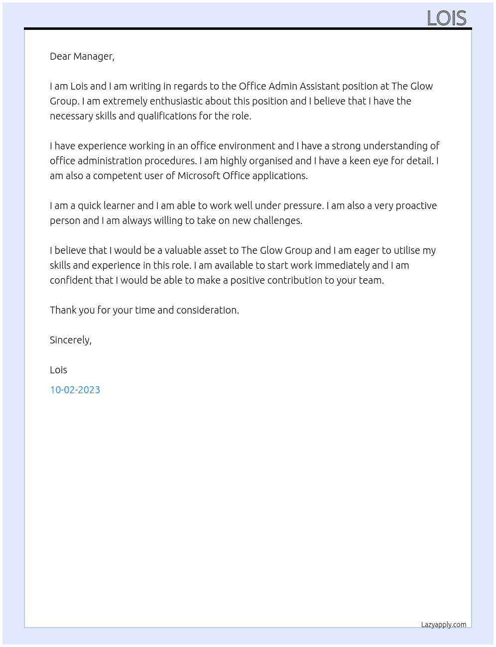 Office Admin Assistant At The Glow Group Cover Letter