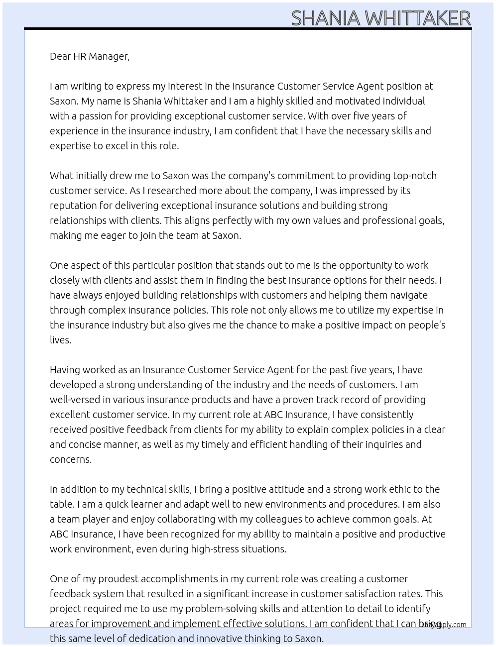Insurance Customer Service Agent  At Saxon  Cover Letter