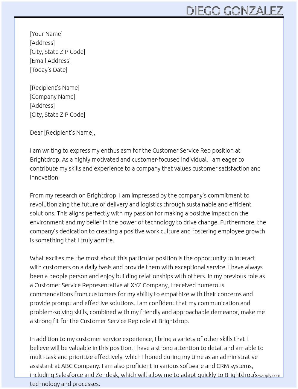 Customer Service Rep At Brightdrop Cover Letter