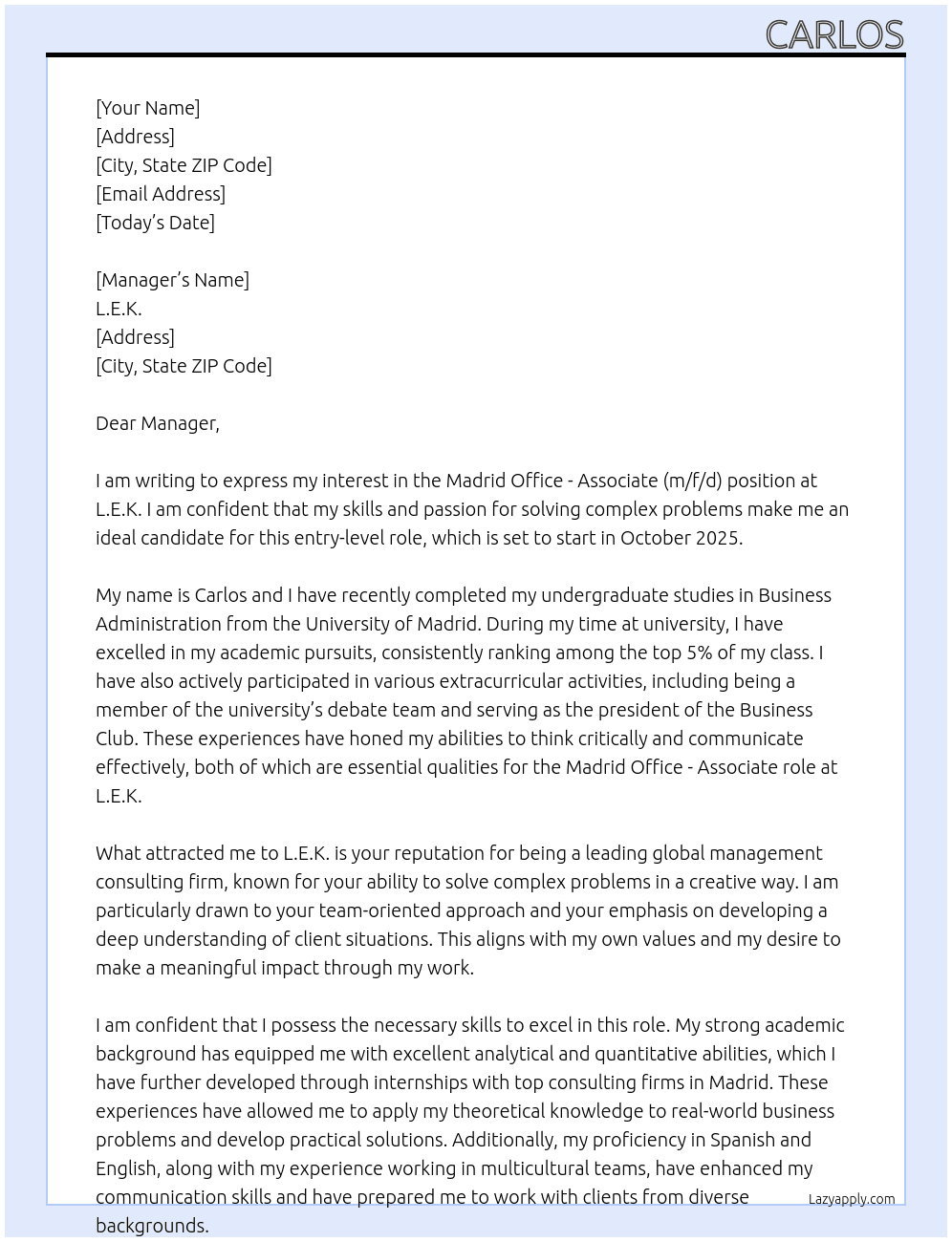 Madrid Office - Associate (m/f/d) (Entry level position) - Start October 2025 At L.E.K Cover Letter