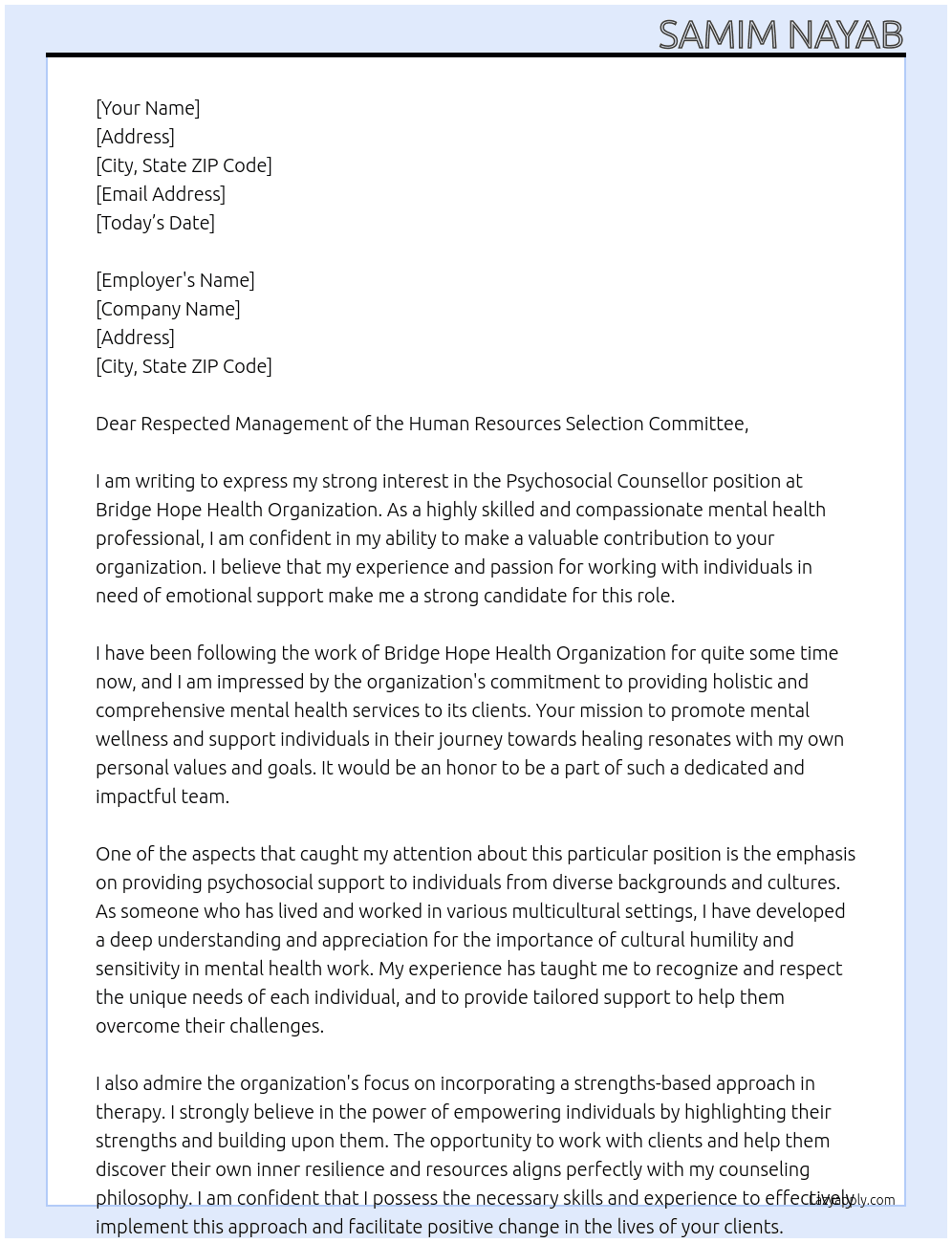 Psychosocial Counsellor At Bridge Hope Health Organization Cover Letter